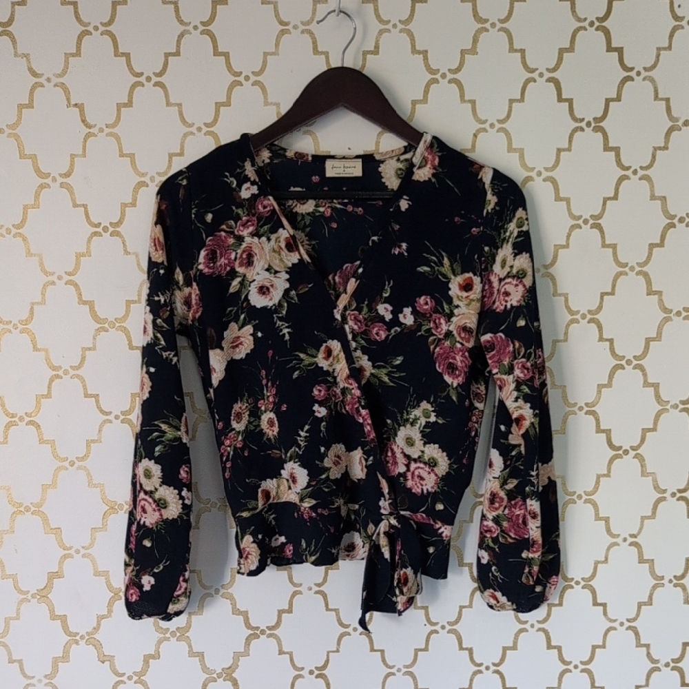 Forever 21 Boho Floral Wrap Blouse Bell Sleeves Navy Pink